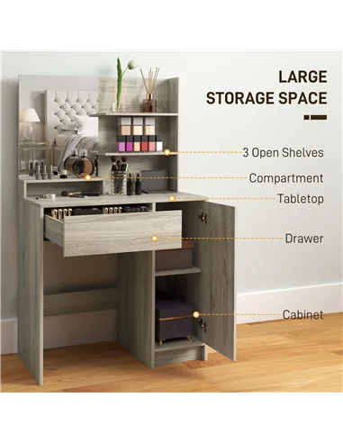 HOMCOM Dressing Table and Stool Set, with Storage - Wood-Effect