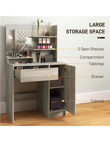 HOMCOM Dressing Table and Stool Set, with Storage - Wood-Effect