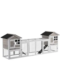 PawHut 2 in 1 Rabbit Hutch Outdoor Guinea Pig Hutch Bunny Run Double Main House with Run, No-Leak Tray 259 x 64 x 92cm, Grey