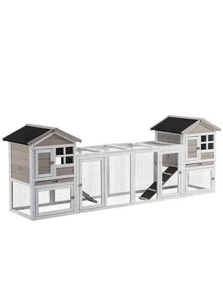 PawHut 2 in 1 Rabbit Hutch Outdoor Guinea Pig Hutch Bunny Run Double Main House with Run, No-Leak Tray 259 x 64 x 92cm, Grey