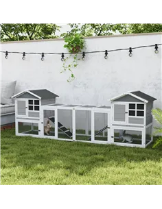 PawHut 2 in 1 Rabbit Hutch Outdoor Guinea Pig Hutch Bunny Run Double Main House with Run, No-Leak Tray 259 x 64 x 92cm, Grey 2