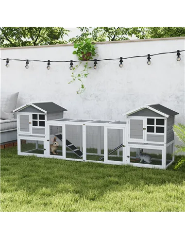 PawHut 2 in 1 Rabbit Hutch Outdoor Guinea Pig Hutch Bunny Run Double Main House with Run, No-Leak Tray 259 x 64 x 92cm, Grey