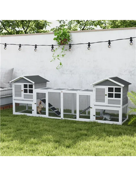PawHut 2 in 1 Rabbit Hutch Outdoor Guinea Pig Hutch Bunny Run Double Main House with Run, No-Leak Tray 259 x 64 x 92cm, Grey