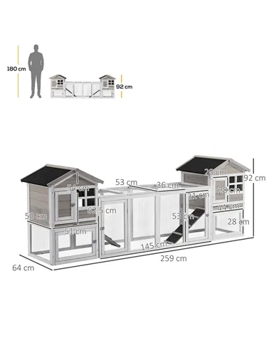 PawHut 2 in 1 Rabbit Hutch Outdoor Guinea Pig Hutch Bunny Run Double Main House with Run, No-Leak Tray 259 x 64 x 92cm, Grey