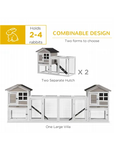 PawHut 2 in 1 Rabbit Hutch Outdoor Guinea Pig Hutch Bunny Run Double Main House with Run, No-Leak Tray 259 x 64 x 92cm, Grey