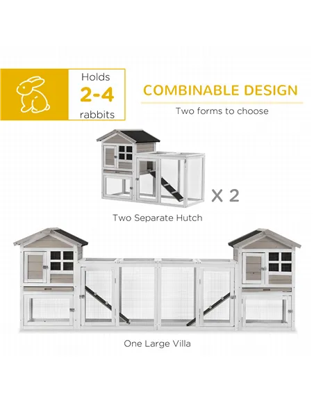 PawHut 2 in 1 Rabbit Hutch Outdoor Guinea Pig Hutch Bunny Run Double Main House with Run, No-Leak Tray 259 x 64 x 92cm, Grey