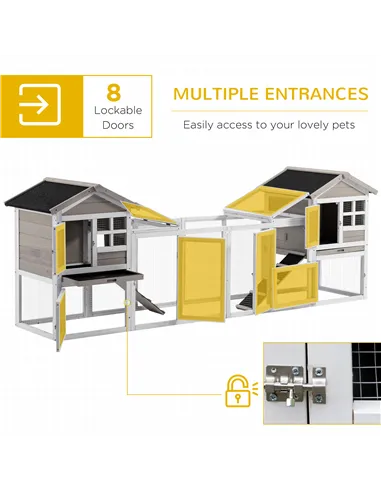 PawHut 2 in 1 Rabbit Hutch Outdoor Guinea Pig Hutch Bunny Run Double Main House with Run, No-Leak Tray 259 x 64 x 92cm, Grey