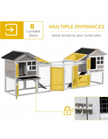 PawHut 2 in 1 Rabbit Hutch Outdoor Guinea Pig Hutch Bunny Run Double Main House with Run, No-Leak Tray 259 x 64 x 92cm, Grey