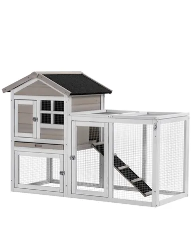 PawHut 2 in 1 Rabbit Hutch Outdoor Guinea Pig Hutch Bunny Run Double Main House with Run, No-Leak Tray 259 x 64 x 92cm, Grey