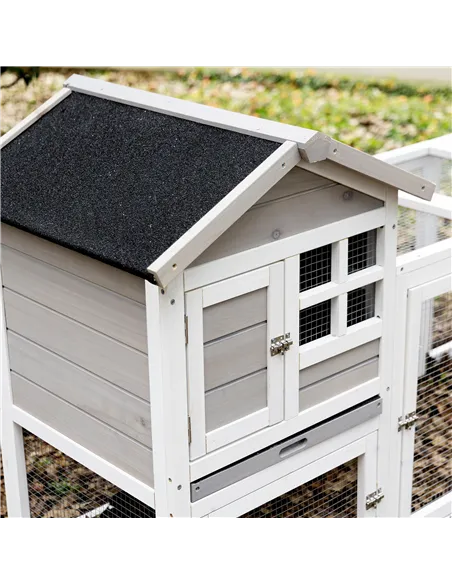 PawHut 2 in 1 Rabbit Hutch Outdoor Guinea Pig Hutch Bunny Run Double Main House with Run, No-Leak Tray 259 x 64 x 92cm, Grey