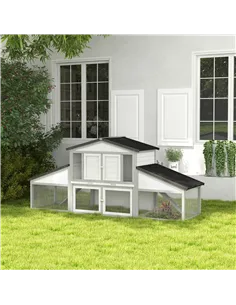 PawHut Large Rabbit Hutch with Run, Outdoor Bunny Cage, with Tray, Ramp - Light Grey 2