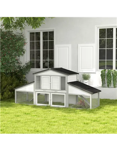 PawHut Large Rabbit Hutch with Run, Outdoor Bunny Cage, with Tray, Ramp - Light Grey