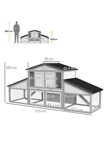 PawHut Large Rabbit Hutch with Run, Outdoor Bunny Cage, with Tray, Ramp - Light Grey