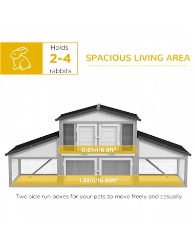 PawHut Large Rabbit Hutch with Run, Outdoor Bunny Cage, with Tray, Ramp - Light Grey