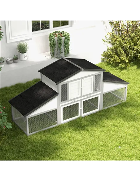 PawHut Large Rabbit Hutch with Run, Outdoor Bunny Cage, with Tray, Ramp - Light Grey