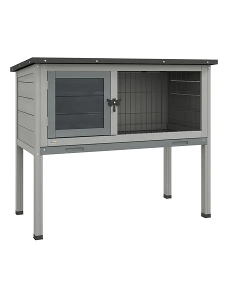 PawHut Wooden Guinea Pig Hutch, Small Animal Cage with Slide-out Tray, Openable Asphalt Roof, 84 x 43 x 70cm, Grey
