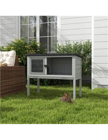 PawHut Wooden Guinea Pig Hutch, Small Animal Cage with Slide-out Tray, Openable Asphalt Roof, 84 x 43 x 70cm, Grey