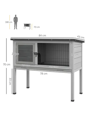 PawHut Wooden Guinea Pig Hutch, Small Animal Cage with Slide-out Tray, Openable Asphalt Roof, 84 x 43 x 70cm, Grey