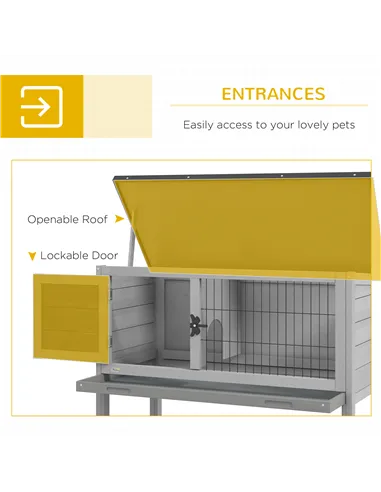 PawHut Wooden Guinea Pig Hutch, Small Animal Cage with Slide-out Tray, Openable Asphalt Roof, 84 x 43 x 70cm, Grey
