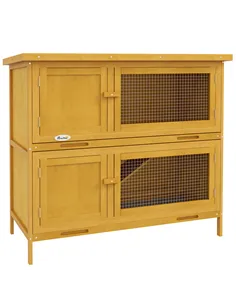 PawHut Double Decker Rabbit Hutch 2 Tier Guinea Pig House Pet Cage Outdoor with Sliding-out Tray, 97 x 44 x 91cm, Yellow