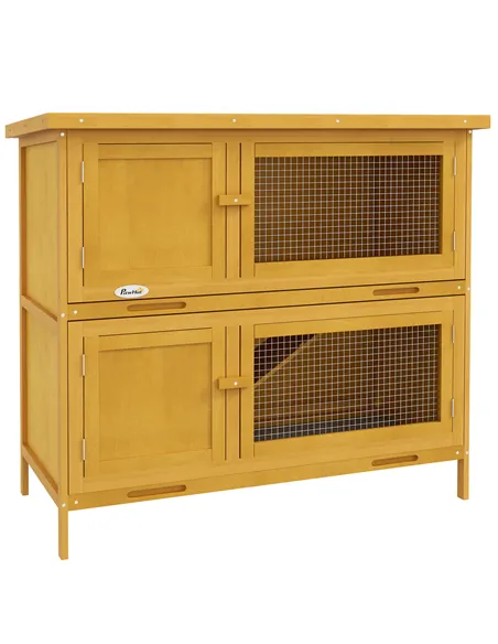 PawHut Double Decker Rabbit Hutch 2 Tier Guinea Pig House Pet Cage Outdoor with Sliding-out Tray, 97 x 44 x 91cm, Yellow