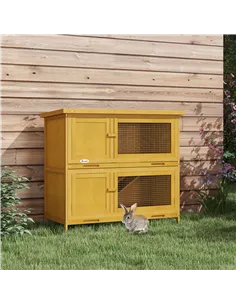 PawHut Double Decker Rabbit Hutch 2 Tier Guinea Pig House Pet Cage Outdoor with Sliding-out Tray, 97 x 44 x 91cm, Yellow 2