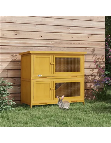 PawHut Double Decker Rabbit Hutch 2 Tier Guinea Pig House Pet Cage Outdoor with Sliding-out Tray, 97 x 44 x 91cm, Yellow
