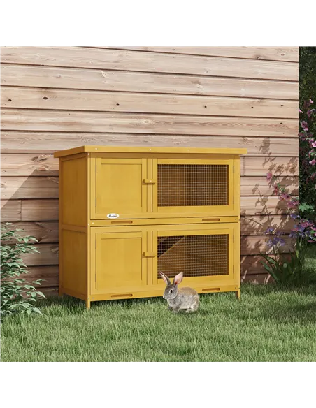 PawHut Double Decker Rabbit Hutch 2 Tier Guinea Pig House Pet Cage Outdoor with Sliding-out Tray, 97 x 44 x 91cm, Yellow