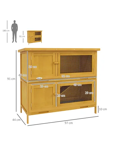 PawHut Double Decker Rabbit Hutch 2 Tier Guinea Pig House Pet Cage Outdoor with Sliding-out Tray, 97 x 44 x 91cm, Yellow