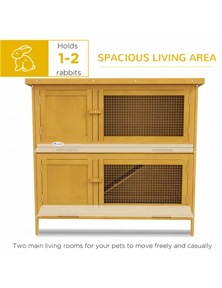 PawHut Double Decker Rabbit Hutch 2 Tier Guinea Pig House Pet Cage Outdoor with Sliding-out Tray, 97 x 44 x 91cm, Yellow