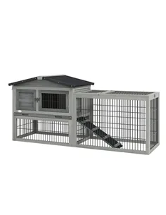 PawHut Wooden Rabbit Hutch with Outdoor Run Grey