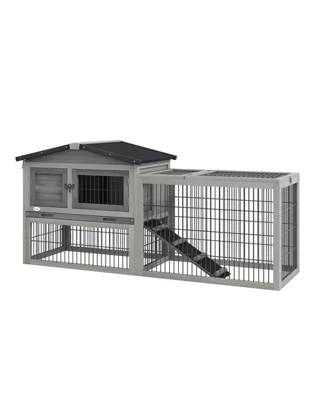 PawHut Wooden Rabbit Hutch with Outdoor Run Grey
