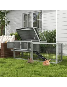PawHut Wooden Rabbit Hutch with Outdoor Run Grey 2