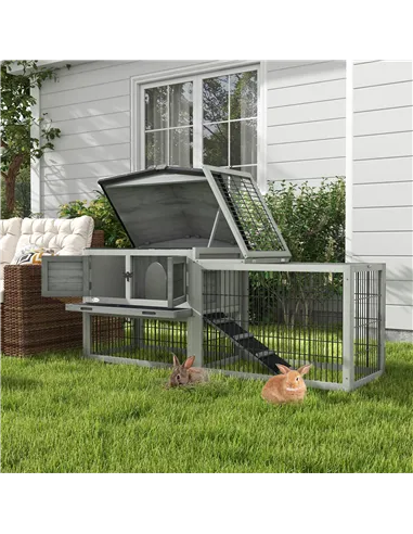 PawHut Wooden Rabbit Hutch with Outdoor Run Grey