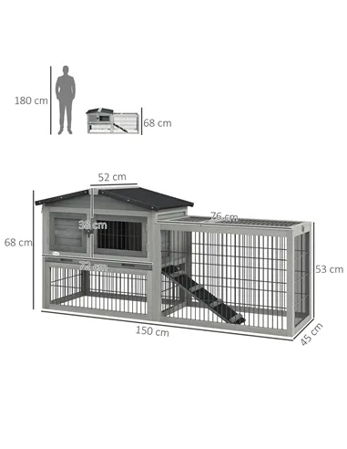 PawHut Wooden Rabbit Hutch with Outdoor Run Grey
