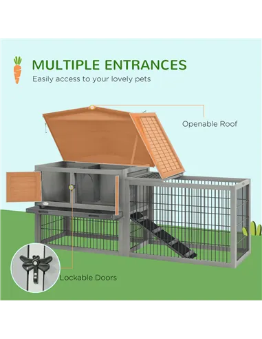 PawHut Wooden Rabbit Hutch with Outdoor Run Grey