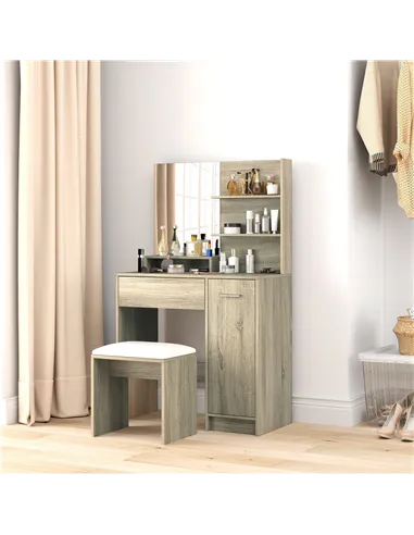 HOMCOM Dressing Table and Stool Set, with Storage - Wood-Effect