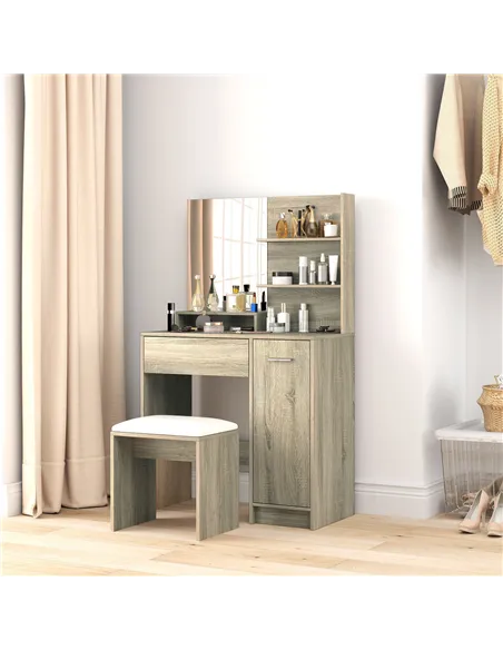 HOMCOM Dressing Table and Stool Set, with Storage - Wood-Effect