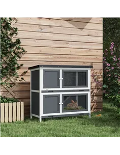 PawHut Double Decker Rabbit Hutch 2 Tier Guinea Pig House Pet Cage Outdoor with Sliding-out Tray, 100 x 47 x 91cm, Grey 2