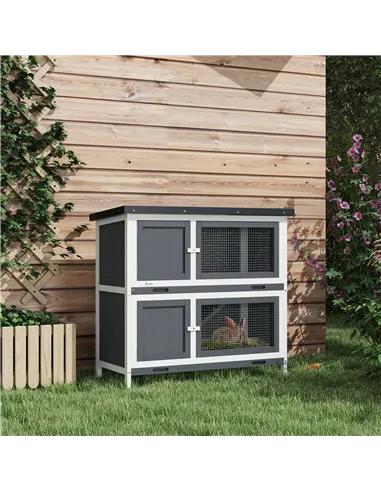 PawHut Double Decker Rabbit Hutch 2 Tier Guinea Pig House Pet Cage Outdoor with Sliding-out Tray, 100 x 47 x 91cm, Grey