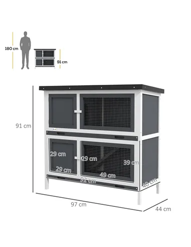 PawHut Double Decker Rabbit Hutch 2 Tier Guinea Pig House Pet Cage Outdoor with Sliding-out Tray, 100 x 47 x 91cm, Grey