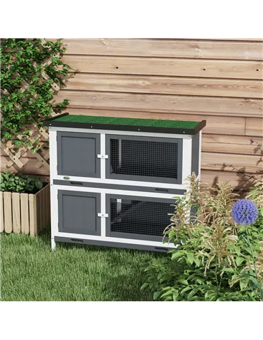 PawHut Double Decker Rabbit Hutch 2 Tier Guinea Pig House Pet Cage Outdoor with Sliding-out Tray, 100 x 47 x 91cm, Grey