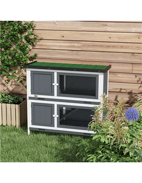 PawHut Double Decker Rabbit Hutch 2 Tier Guinea Pig House Pet Cage Outdoor with Sliding-out Tray, 100 x 47 x 91cm, Grey