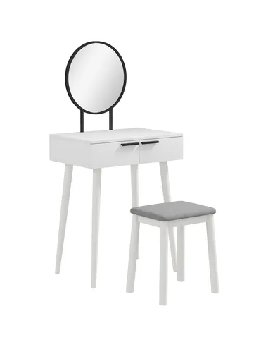 HOMCOM Dressing Table with Mirror and Stool, Vanity Makeup Desk Set with 2 Drawers, Cushioned Stool and Make-up Organiser for Be