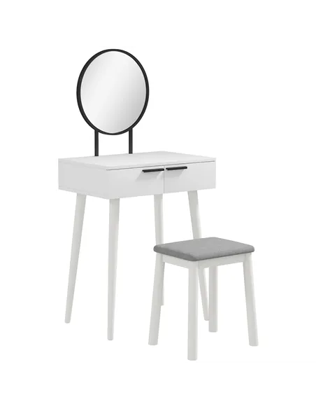 HOMCOM Dressing Table with Mirror and Stool, Vanity Makeup Desk Set with 2 Drawers, Cushioned Stool and Make-up Organiser for Be