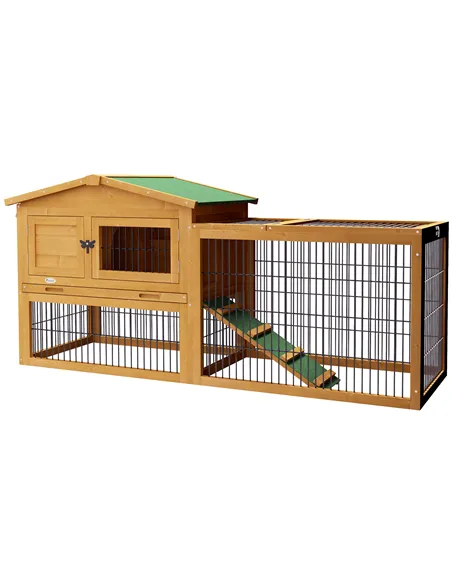PawHut Wooden Rabbit Hutch with Outdoor Run Yellow