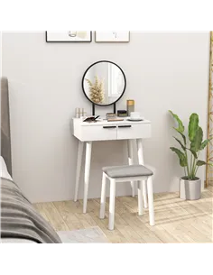 HOMCOM Dressing Table with Mirror and Stool, Vanity Makeup Desk Set with 2 Drawers, Cushioned Stool and Make-up Organiser for Be 2