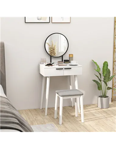 HOMCOM Dressing Table with Mirror and Stool, Vanity Makeup Desk Set with 2 Drawers, Cushioned Stool and Make-up Organiser for Be