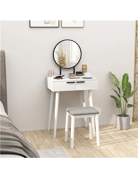 HOMCOM Dressing Table with Mirror and Stool, Vanity Makeup Desk Set with 2 Drawers, Cushioned Stool and Make-up Organiser for Be