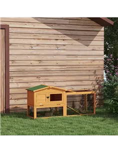 PawHut Wooden Rabbit Hutch with Outdoor Run Yellow 2
